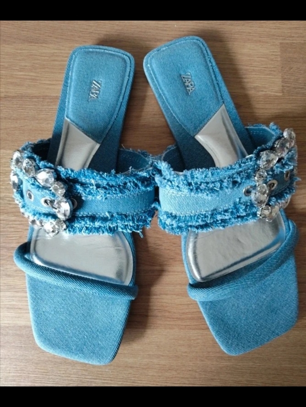 ZARA Light Blue Denim Jeweled Slide Mules